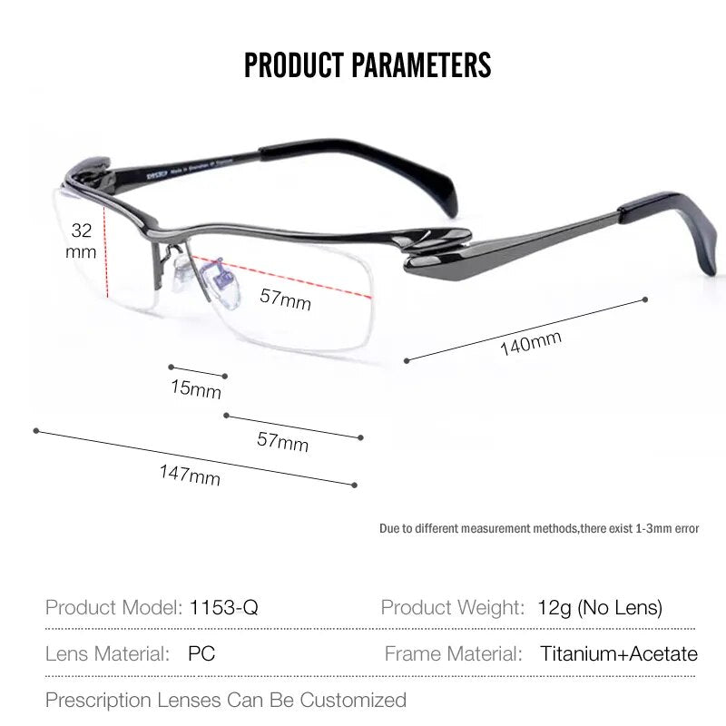 Muzz Men's Semi Rim Rectangle Titanium Eyeglasses 1153q Semi Rim Muzz