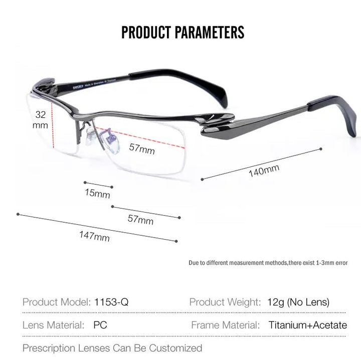 Muzz Men's Semi Rim Rectangle Titanium Eyeglasses 1153q Semi Rim Muzz