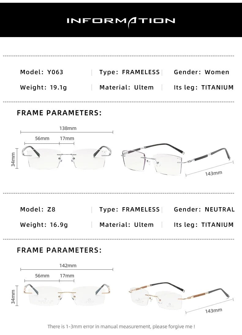 Zirosat Unisex Rimless Square Titanium Eyeglasses Y063 Rimless Zirosat