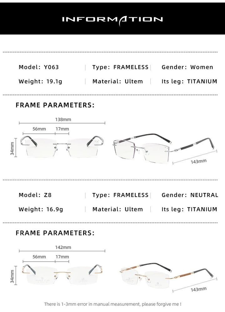 Zirosat Unisex Rimless Square Titanium Eyeglasses Y063 Rimless Zirosat