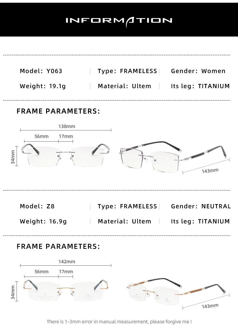 Zirosat Women's Rimless Square Titanium Rosewood Eyeglasses 20631