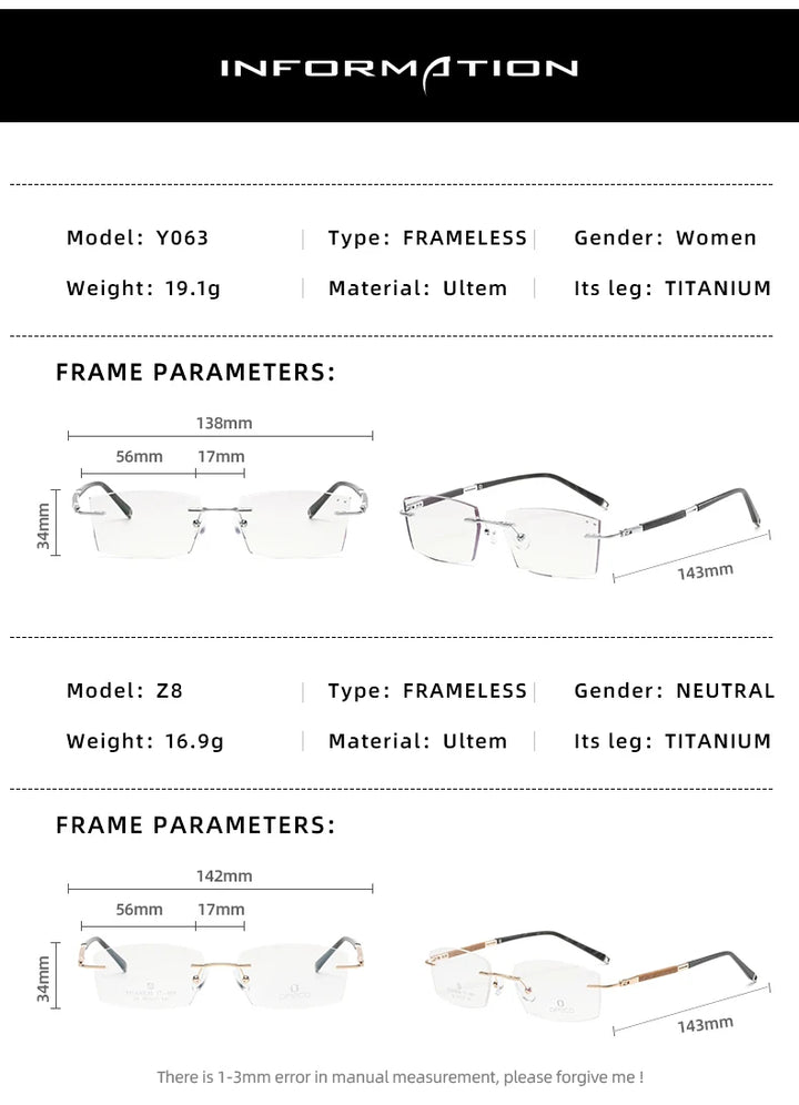 Zirosat Women's Rimless Square Titanium Rosewood Eyeglasses 20631
