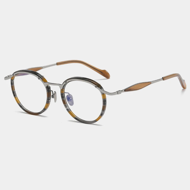 Gatenac Unisex Full Rim Round Acetate Titanium Eyeglasses Gxyj1158 Full Rim Gatenac Tea Stripes