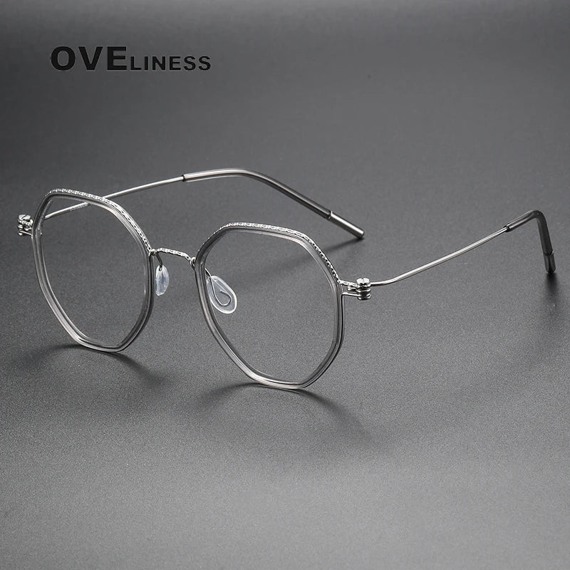Oveliness Unisex Full Rim Flat Top Round Acetate Titanium Eyeglasses 80889 Full Rim Oveliness grey silver  