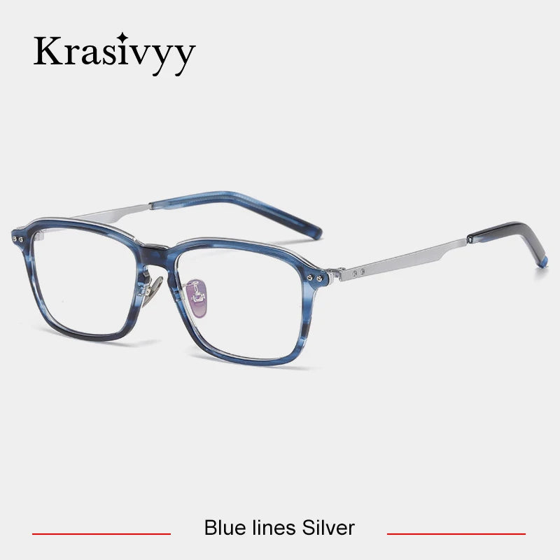 Krasivyy Unisex Full Rim Square Titanium Acetate Eyeglasses 49112 Full Rim Krasivyy Blue lines Silver