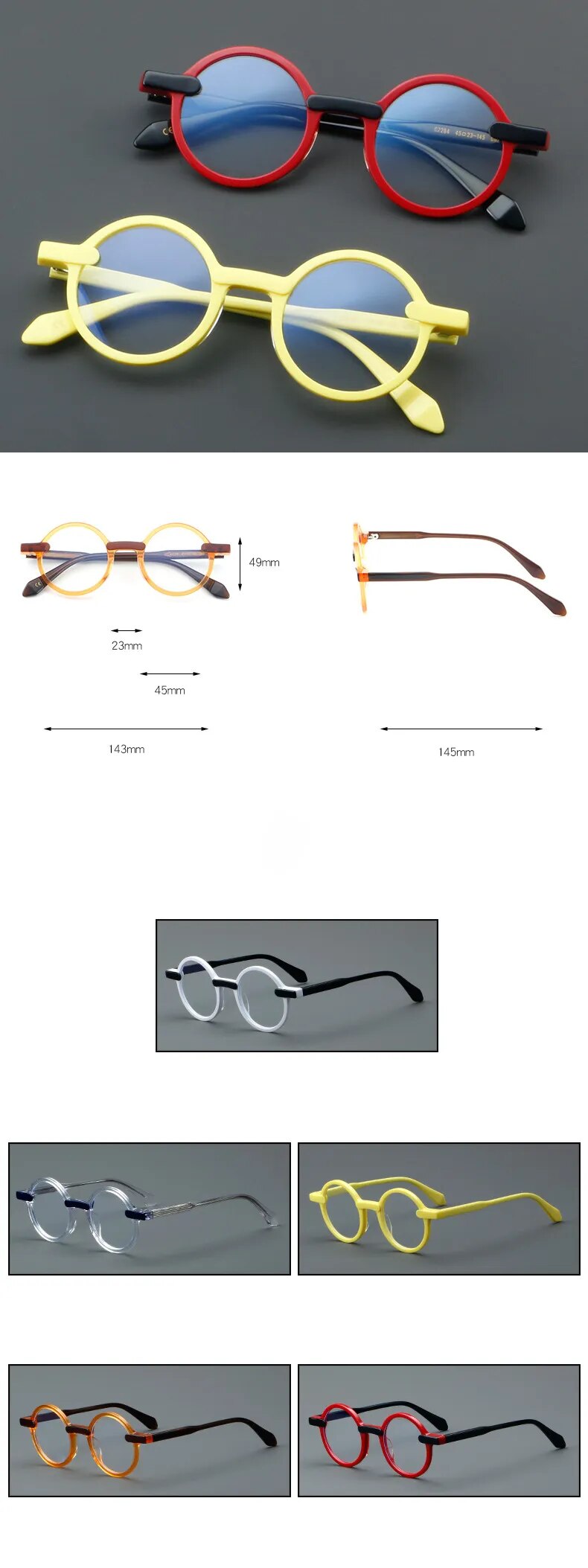 CCspace Unisex Full Rim Round Acetate Eyeglasses 56994 Full Rim CCspace