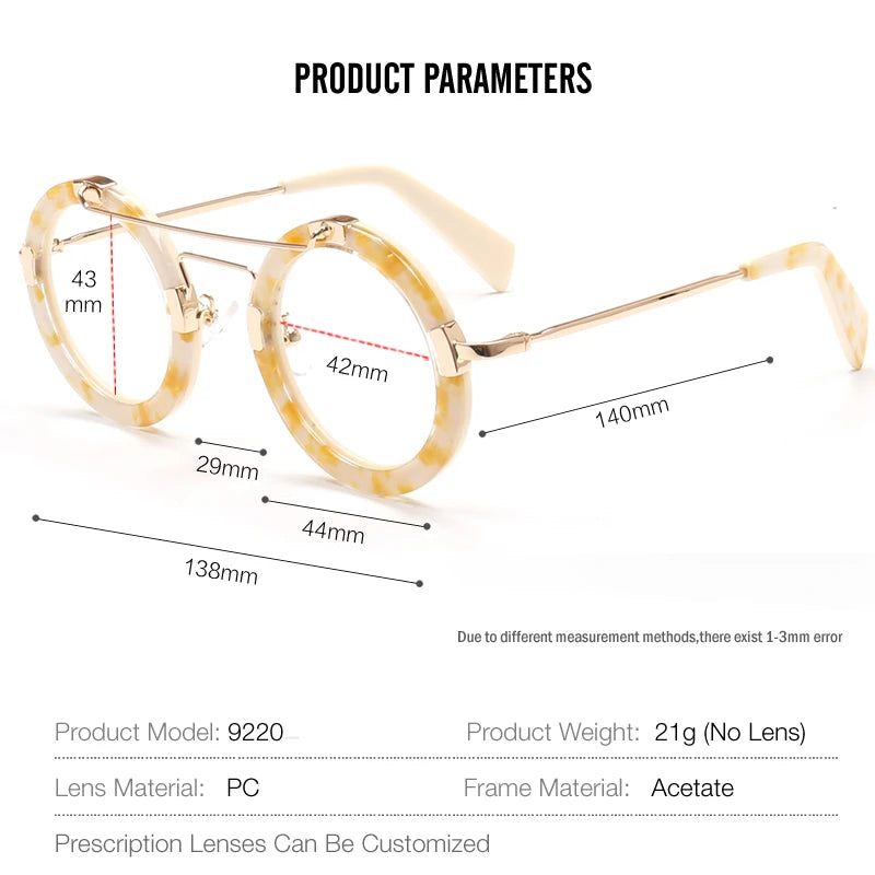 Muzz Women's Full Rim Round Double Bridge Acetate Alloy Eyeglasses 9220 Full Rim Muzz