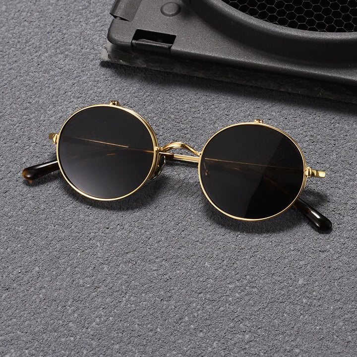 Black Mask Unisex Semi Rim Round Titanium Flip Up Polarized Sunglasses Eyeglasses K54 Semi Rim Black Mask Golden