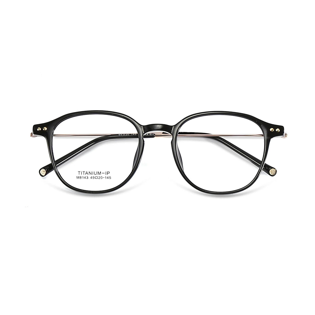 KatKani Unisex Full Rim Round Titanium Alloy Tr 90 Eyeglasses M1843 Full Rim KatKani Eyeglasses Brihgt Black Gold  