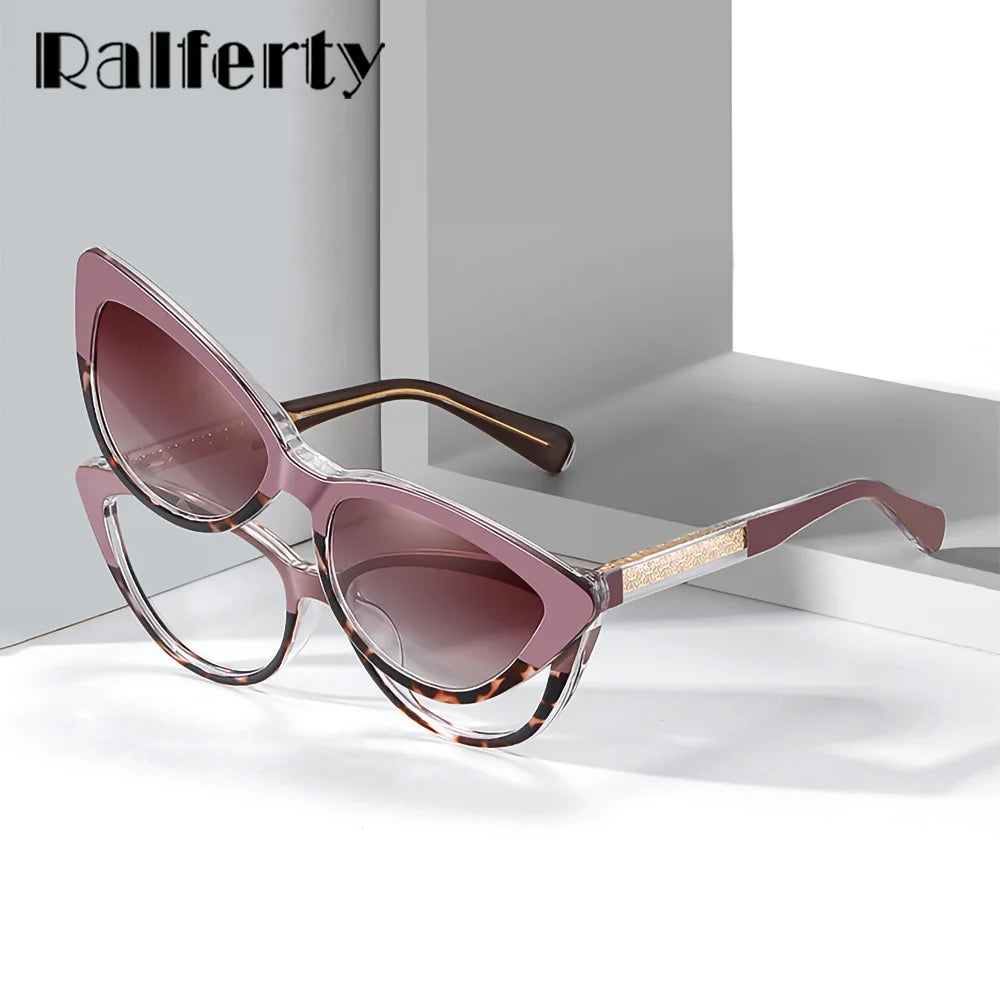 Ralferty Women's Full Rim Cat Eye Tr 90 Eyeglasses Clip On Sunglasses 81636