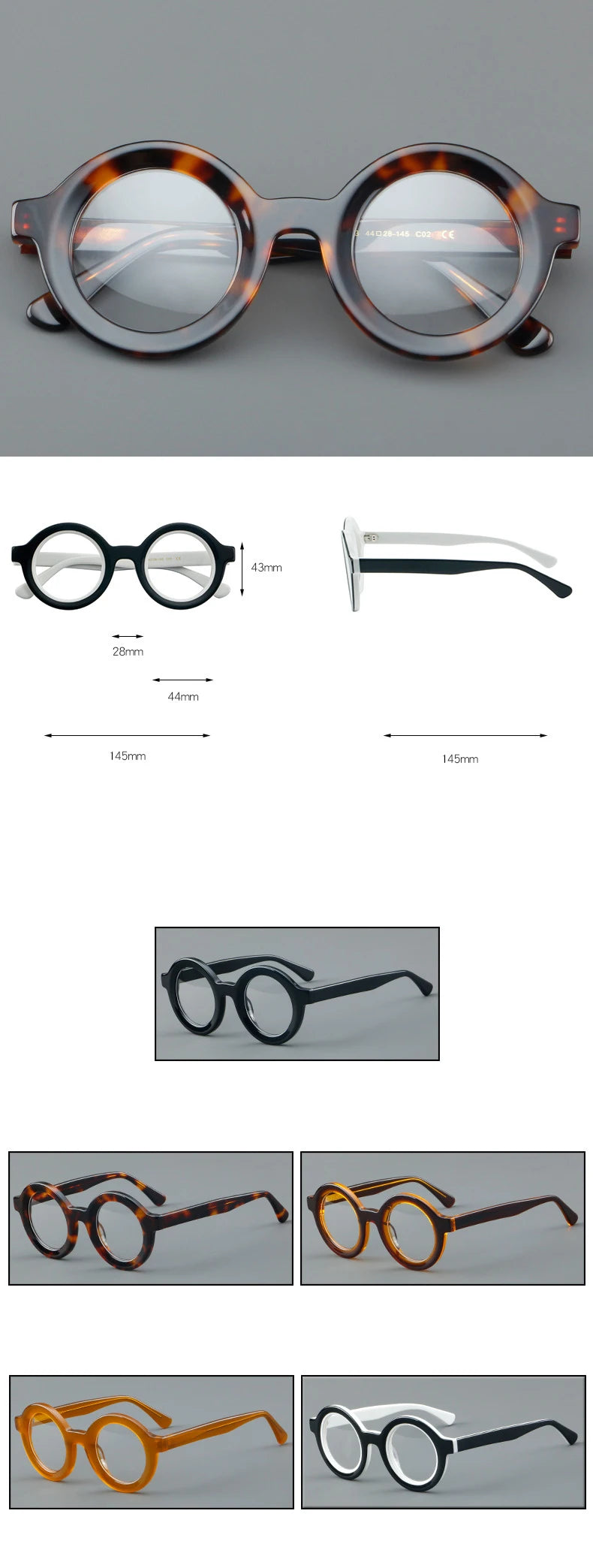 CCspace Unisex Full Rim Round Acetate Eyeglasses 57151 Full Rim CCspace