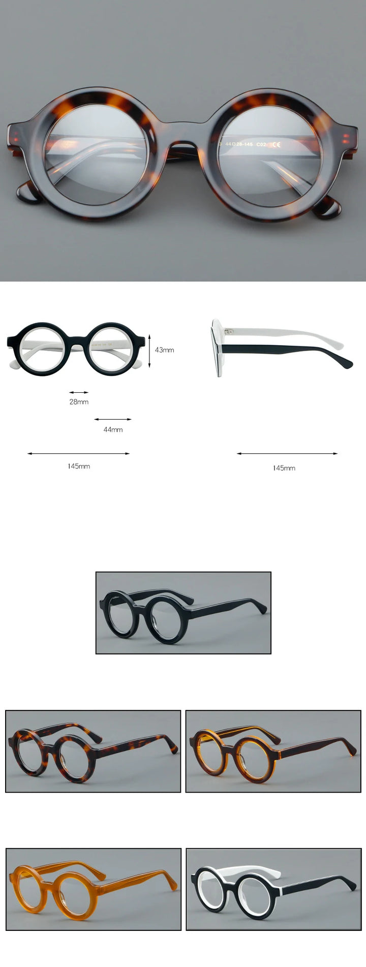 CCspace Unisex Full Rim Round Acetate Eyeglasses 57151 Full Rim CCspace