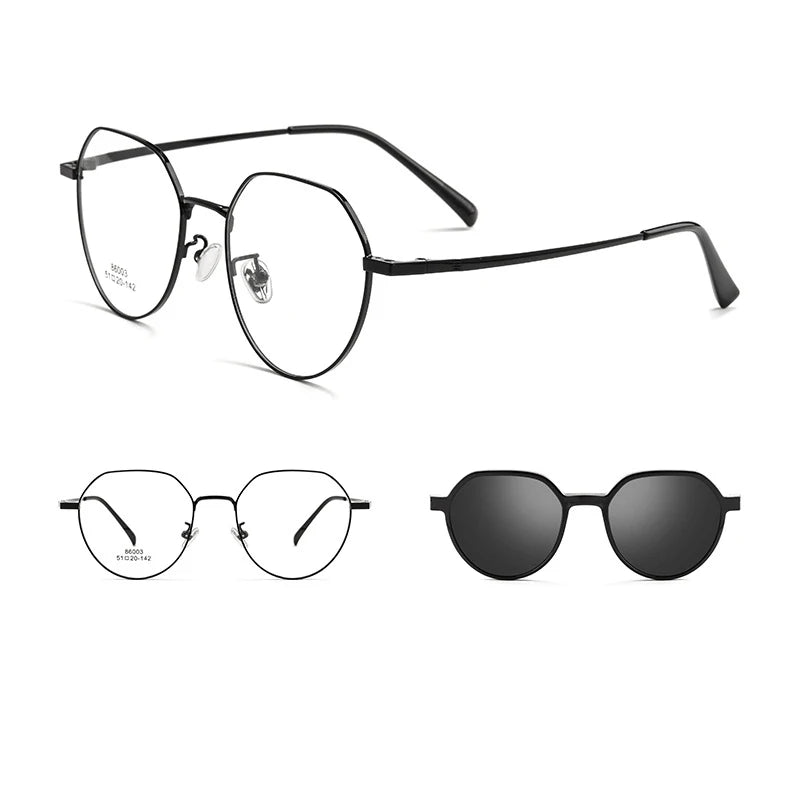 Gmei Women's Full Rim Flat Top Round Alloy Eyeglasses Clip On Polarized Sunglasses 8603 With Clip Ons Gmei Optical Black