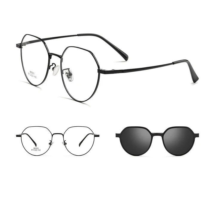 Gmei Women's Full Rim Flat Top Round Alloy Eyeglasses Clip On Polarized Sunglasses 8603 With Clip Ons Gmei Optical Black