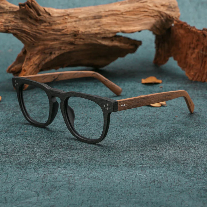 Hdcrafter Mens Full Rim Square Wood Eyeglasses 8182 Full Rim Hdcrafter Eyeglasses Black-Brown-C86