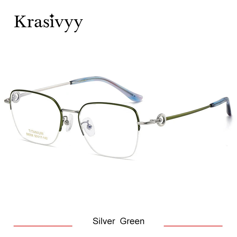Krasivyy Women's Semi Rim Flat Top Square Titanium Eyeglasses 6008 Semi Rim Krasivyy Silver Green