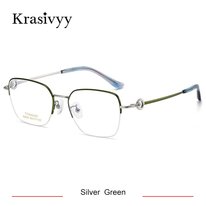 Krasivyy Women's Semi Rim Flat Top Square Titanium Eyeglasses 6008 Semi Rim Krasivyy Silver Green