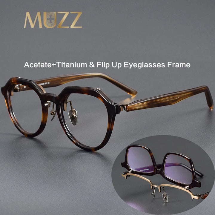 Muzz Unisex Full Rim Flat Top Oval Acetate Titanium Flip Up Eyeglasses 85257 Full Rim Muzz