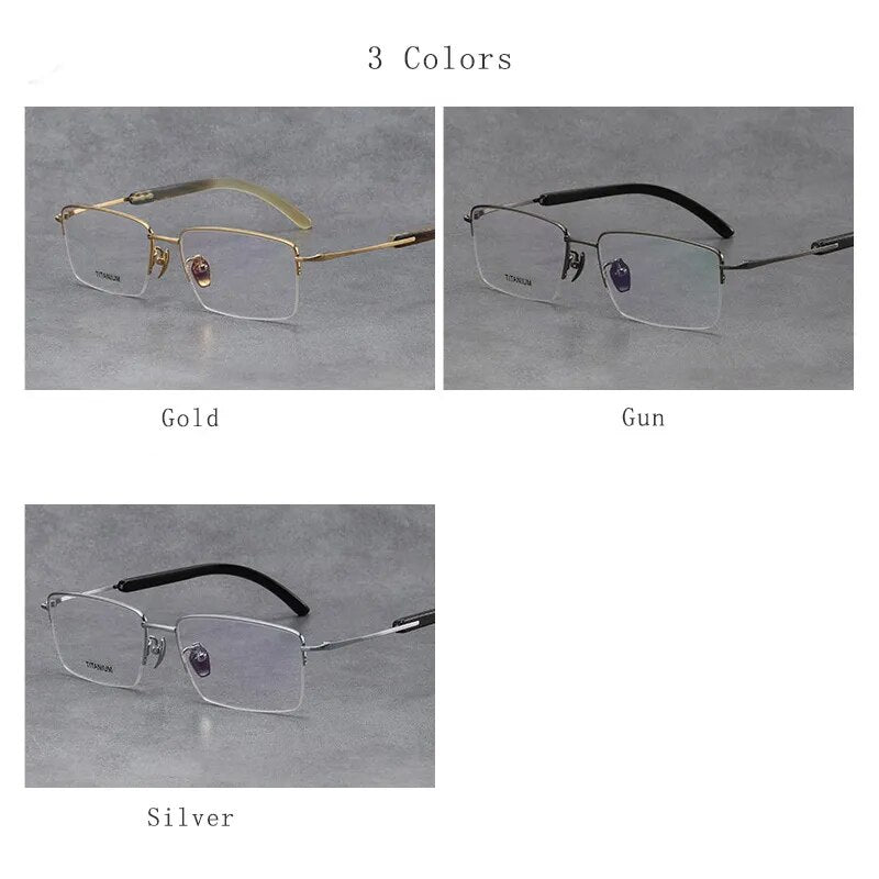 Hdcrafter Men's Semi Rim Square Titanium Horn Temple Eyeglasses H2302 Semi Rim Hdcrafter Eyeglasses