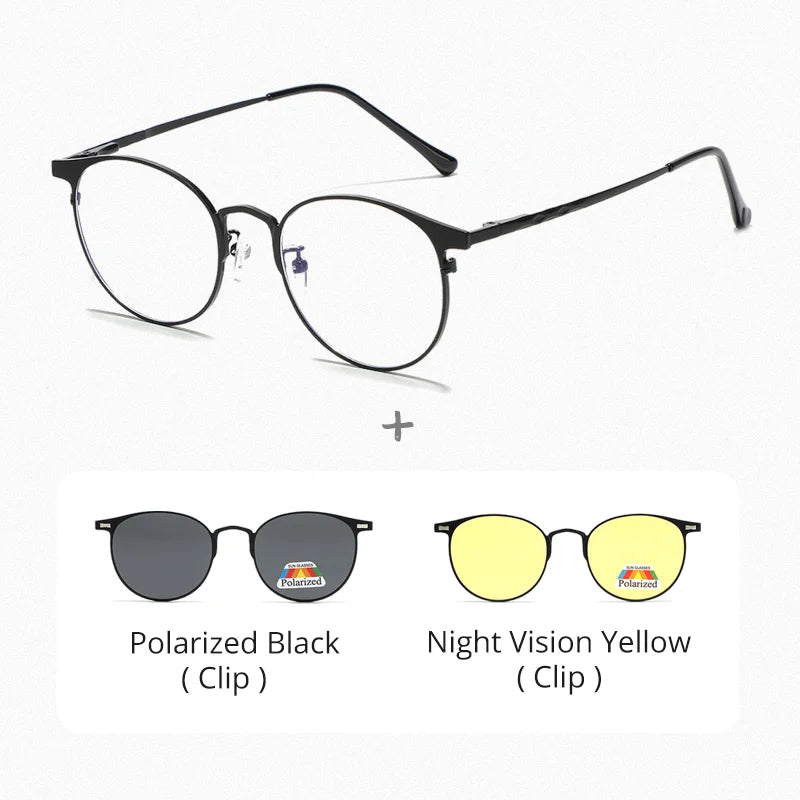 Ralferty Unisex Full Rim Round Alloy Eyeglasses Clip On Polarized Sunglasses R8010 With Clip Ons Ralferty C1BlackFrame 2Clip CHINA