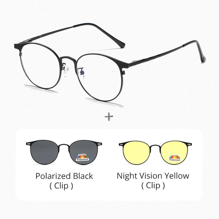 Ralferty Unisex Full Rim Round Alloy Eyeglasses Clip On Polarized Sunglasses R8010 With Clip Ons Ralferty C1BlackFrame 2Clip CHINA