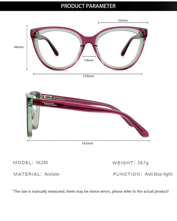 CCspace Unisex Full Rim Square Cat Eye Acetate Eyeglasses 56240 Full Rim CCspace