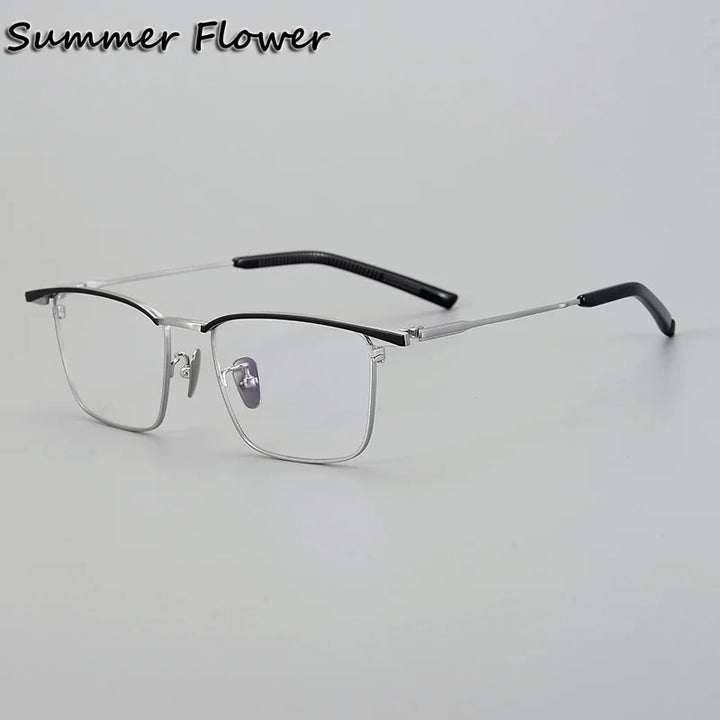 Summer Flower Unisex Full Rim Big Square Titanium Eyeglasses 84156 Full Rim Summer Flower Black Silver