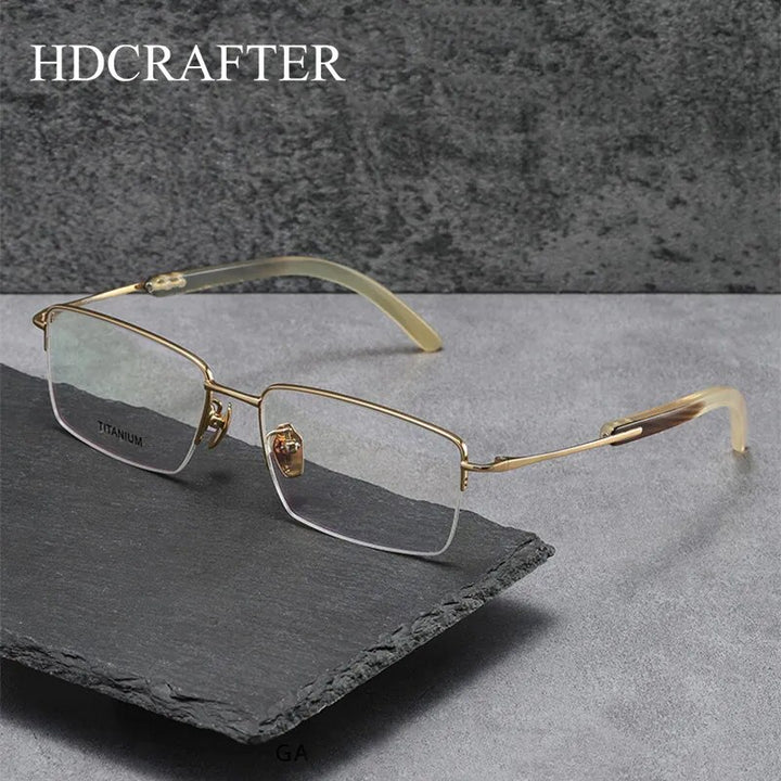 Hdcrafter Men's Semi Rim Square Titanium Horn Temple Eyeglasses H2302 Semi Rim Hdcrafter Eyeglasses