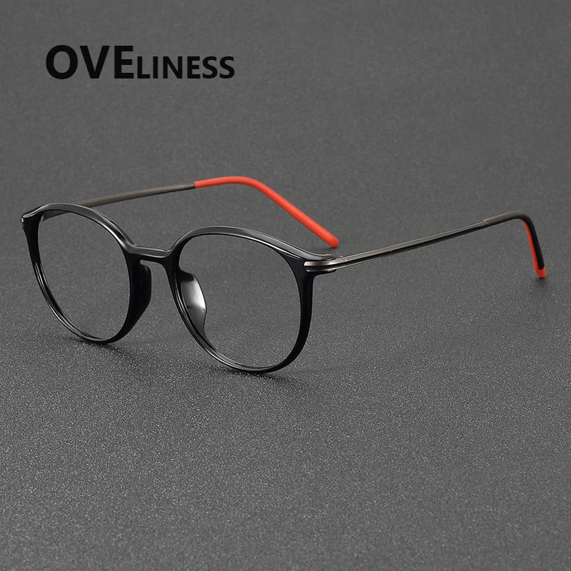Oveliness Women's Full Rim Round Acetate Titanium Eyeglasses 72352 Full Rim Oveliness shiny black
