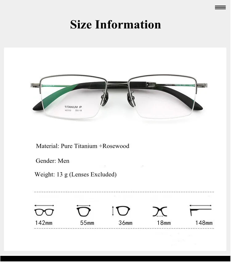 Chashma Ochki Unisex Semi Rim Square Titanium Wood Eyeglasses 312332