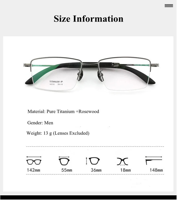 Chashma Ochki Unisex Semi Rim Square Titanium Wood Eyeglasses 312332