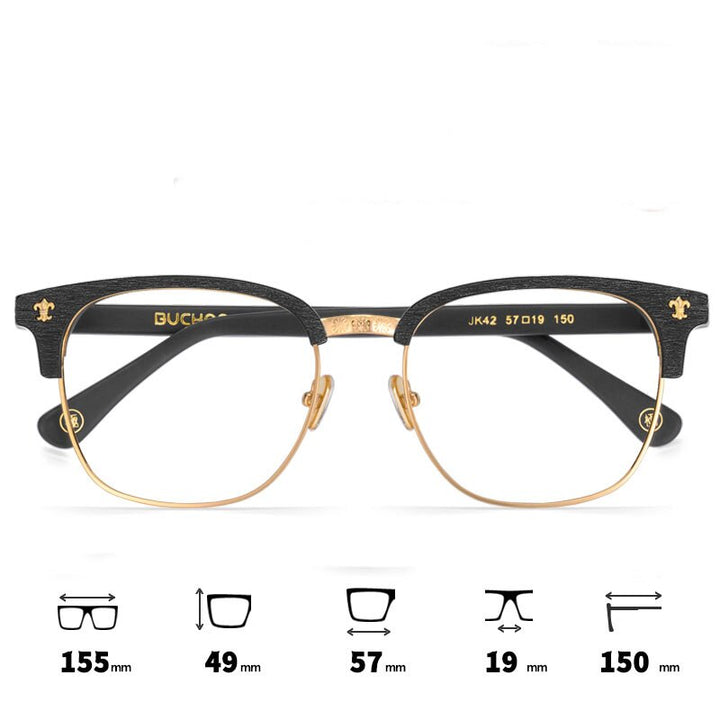Hdcrafter Men's Full Rim Wide Square Wood Alloy Eyeglasses Jkk042 Full Rim Hdcrafter Eyeglasses Black-Gold