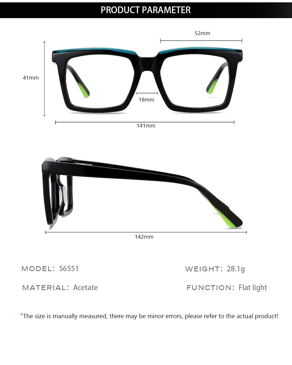 CCspace Unisex Full Rim Flat Top Square Acetate Eyeglasses 56551 Full Rim CCspace