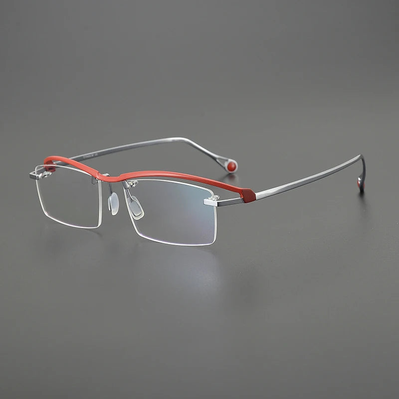 Gatenac Unisex Semi Rimless Square Brow Line Titanium Eyeglasses G1525 Semi Rim Gatenac Red Silver
