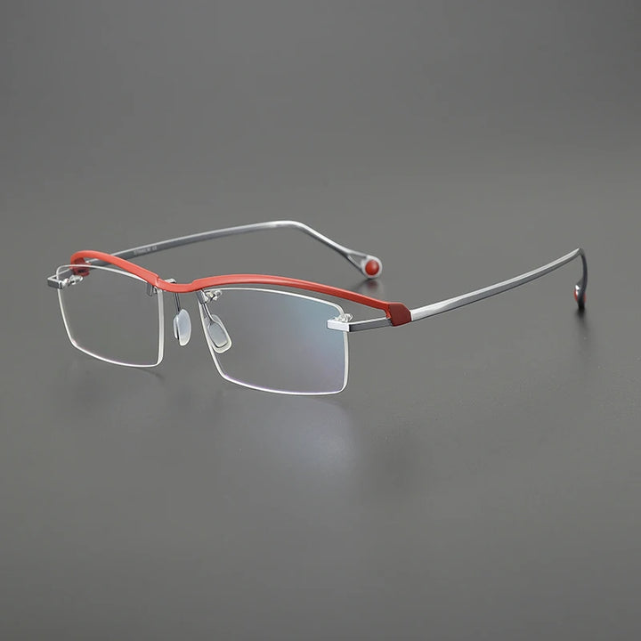 Gatenac Unisex Semi Rimless Square Brow Line Titanium Eyeglasses G1525 Semi Rim Gatenac Red Silver
