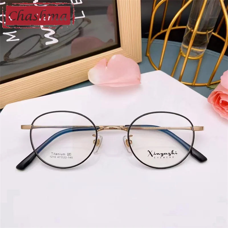 Chashma Ottica Unisex Full Rim Round Titanium Eyeglasses 1210 Full Rim Chashma Ottica Black Gold  