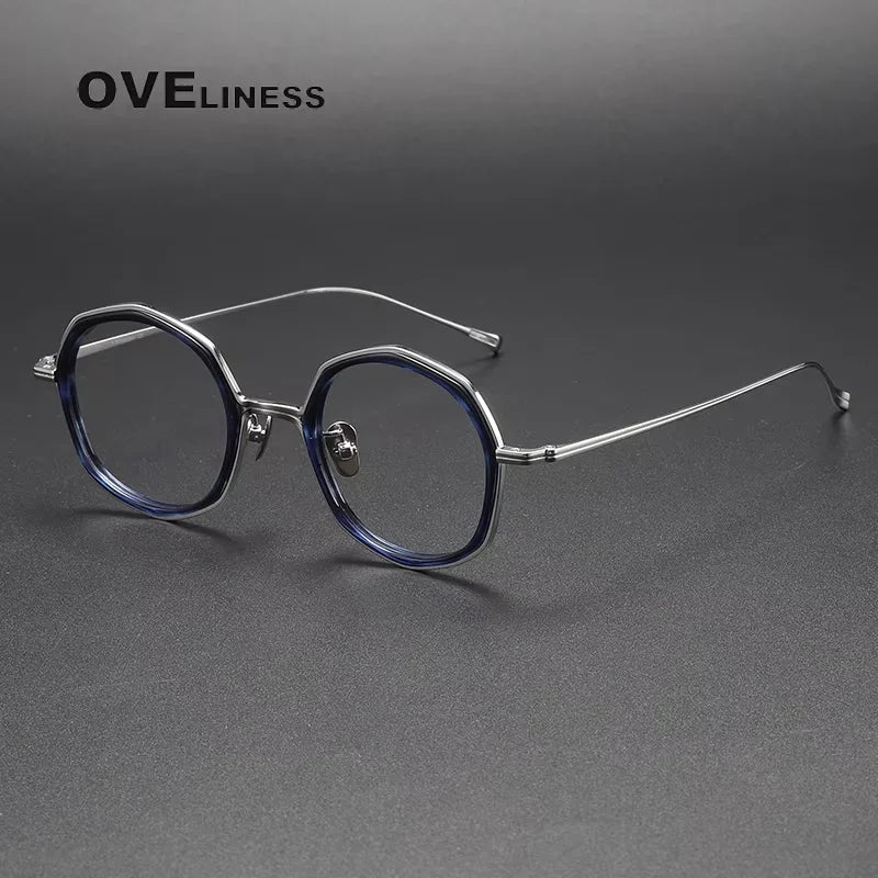 Oveliness Unisex Full Rim Polygon Titanium Acetate Eyeglasses 21135 Full Rim Oveliness blue silver