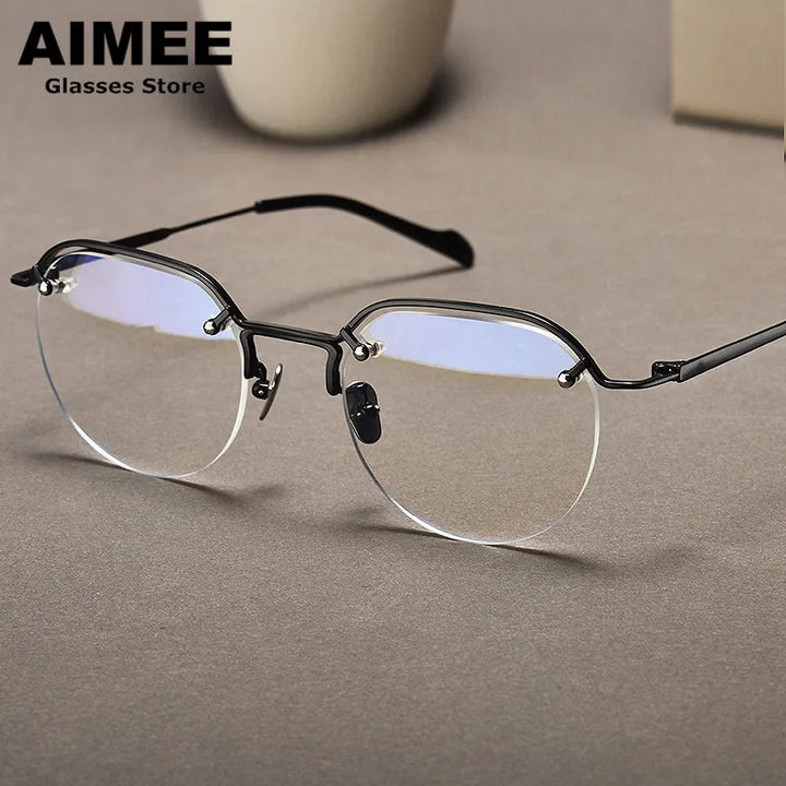 Aimee Unisex Semi Rim Oval Titanium Eyeglasses 10587 Semi Rim Aimee Black