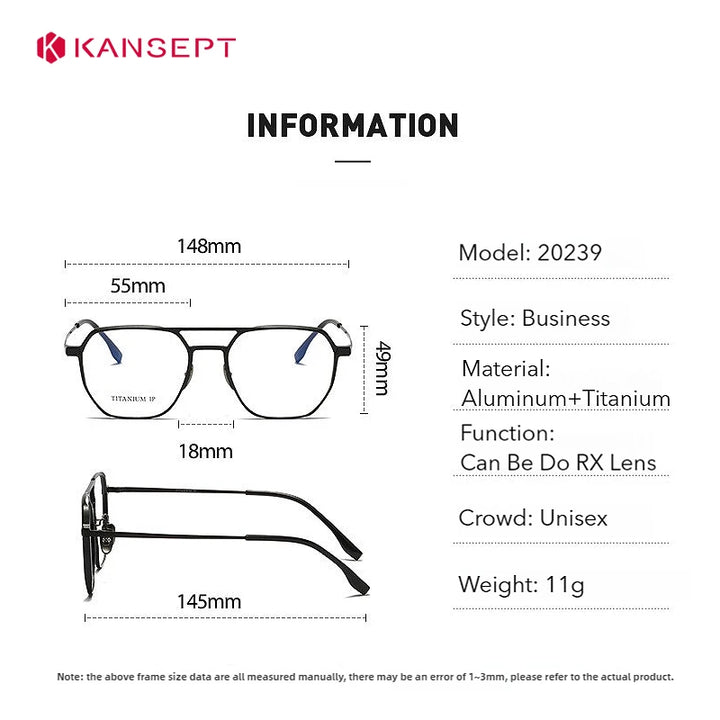 Kansept Unisex Full Rim Square Double Bridge Aluminum Reading Glasses 20239 Reading Glasses Kansept