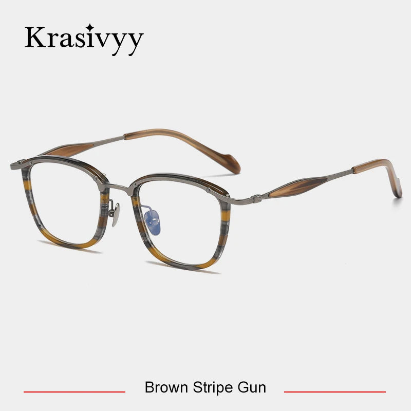Krasivyy Unisex Full Rim Square Titanium Acetate Eyeglasses 46061 Full Rim Krasivyy Brown Stripe Gun