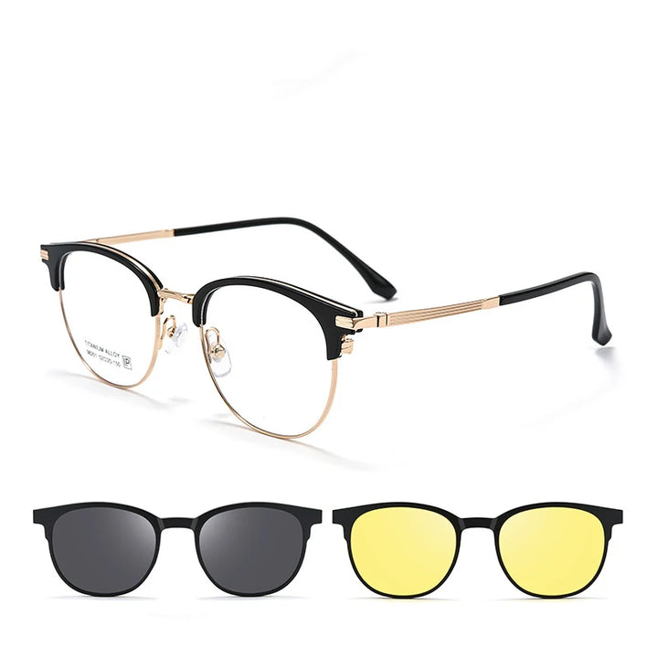 Bclear Unisex Full Rim Round Alloy Eyeglasses Clip On Polarized Sunglasses 9820 With Clip Ons Bclear Black gold