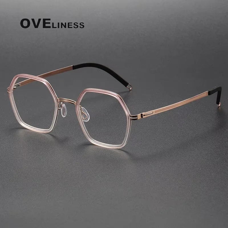 Oveliness Women's Full Rim Polygon Acetate Titanium Eyeglasses 84522 Full Rim Oveliness pink gold