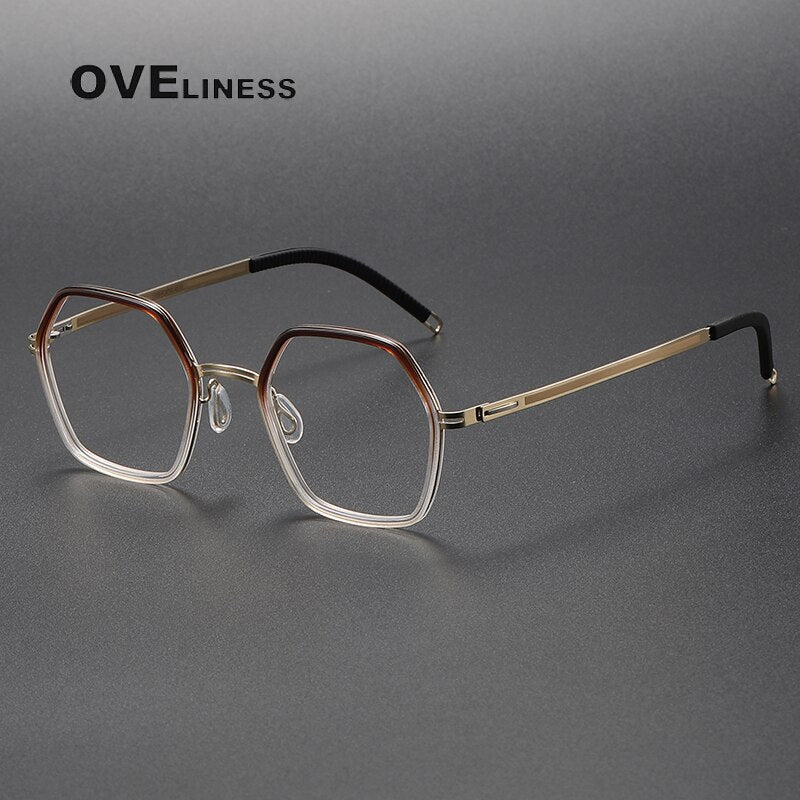 Oveliness Unisex Full Rim Polygon Acetate Titanium Eyeglasses 8202322 Full Rim Oveliness brown gold