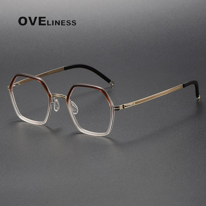 Oveliness Unisex Full Rim Polygon Acetate Titanium Eyeglasses 8202322 Full Rim Oveliness brown gold  