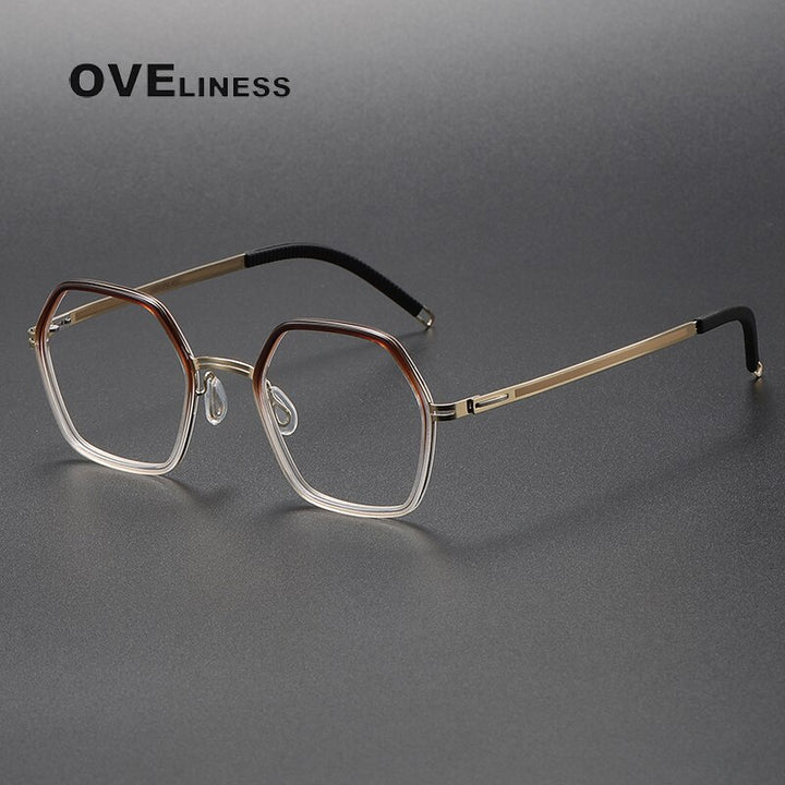 Oveliness Unisex Full Rim Polygon Acetate Titanium Eyeglasses 8202322 Full Rim Oveliness brown gold