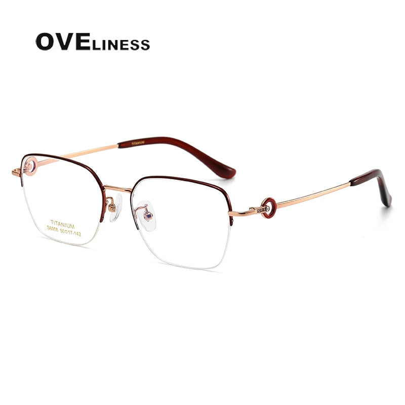Oveliness Women's Semi Rim Square Polygon Titanium Eyeglasses 196008 Semi Rim Oveliness red rose gold