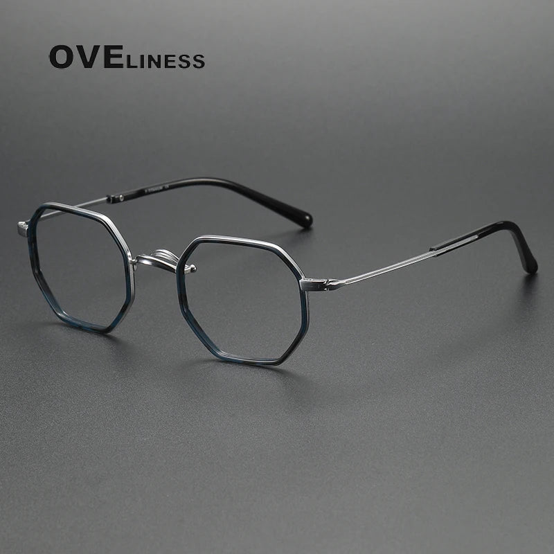 Oveliness Unisex Full Rim Polygon Acetate Titanium Eyeglasses 1826 Full Rim Oveliness tortoise blue silver  