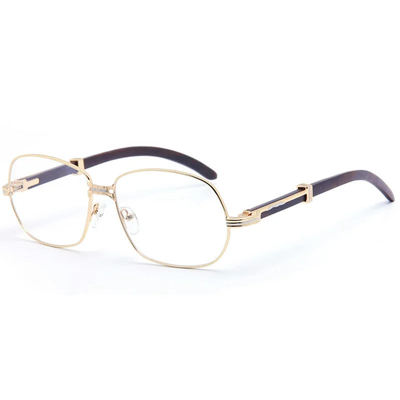 Muzz Men's Full Rim Square Alloy Double Bridge Frame Wood Temple Eyeglasses 1105868 Full Rim Muzz Gold