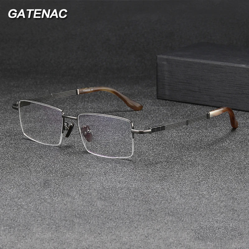Gatenac Men's Semi Rim Square Titanium Horn Temple Eyeglasses Gxyj1498 Semi Rim Gatenac