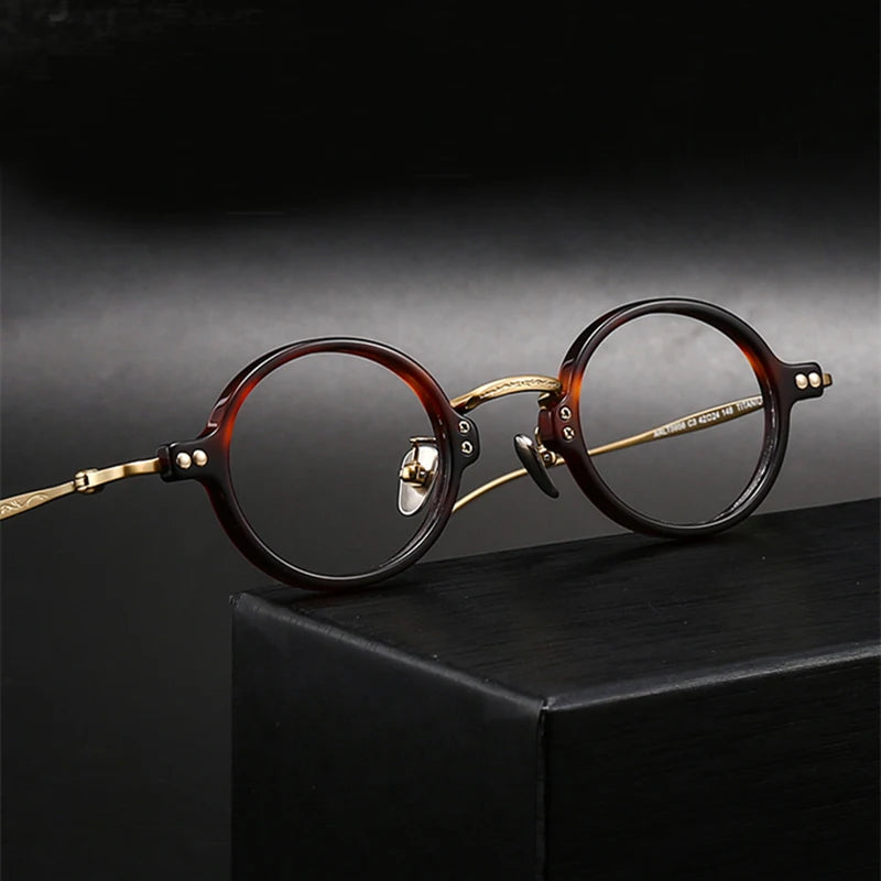 Black Mask Unisex Full Rim Round Acetate Titanium Eyeglasses 65956